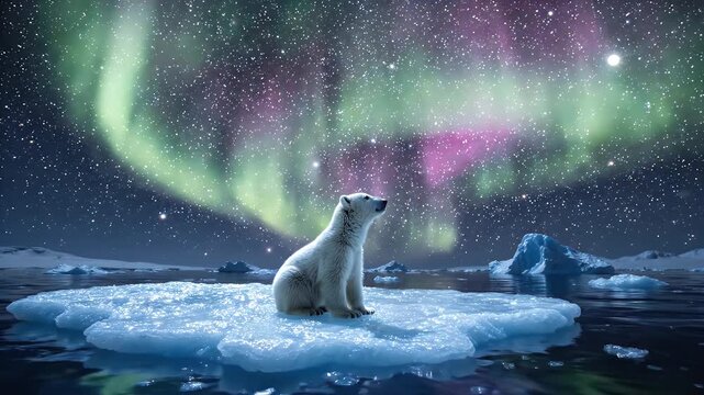 Adorable Polar Bear Cub Gazes Up at Mesmerizing Aurora Borealis - A solitary polar bear cub sits on a glistening ice floe, looking upwards in awe at the vibrant green and pink aurora borealis dancing
