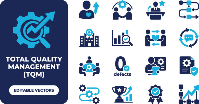 Business icons set representing total quality management concepts in a clean blue and white vector style.