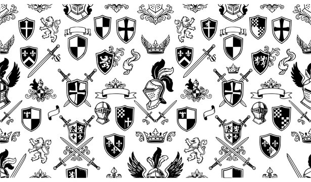 Medieval Knight Heraldic Symbols Seamless Vector Pattern