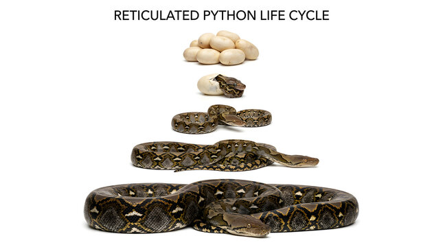 Life cycle of a reticulated python, showing stages from egg to adult snake
