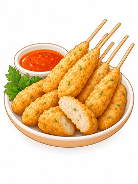 Indonesian Chicken Sempol Skewers with Spicy Chili Sauce, 3D Flat Vector Food Illustration