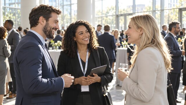 Business professionals networking and talking at corporate event in modern office representing business communication partnership collaboration conference teamwork career connections and professional 