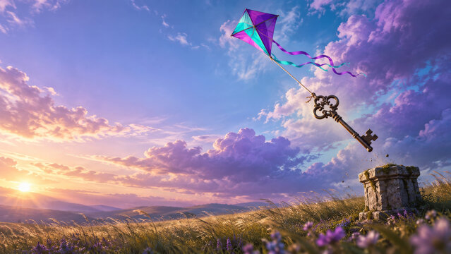 Kite Lifting Key into Open Sky between Meadow and Kite