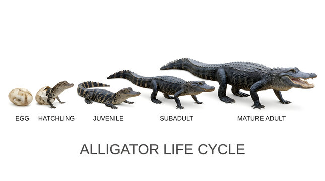 The illustration depicts the complete life cycle of an alligator, from egg to mature adult, highlighting each developmental stage