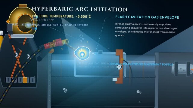 Subsea wet hyperbaric welding process on crude trunkline infrastructure animation explaining cavitation gas envelope and molecular metallurgical fusion