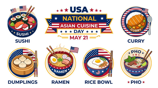 Vector illustration of National Asian Cuisine Day celebration featuring various traditional dishes like sushi, ramen, and pho