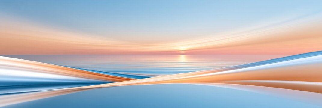 Abstract blue and orange gradient waves at sunset with smooth flowing lines and soft horizon