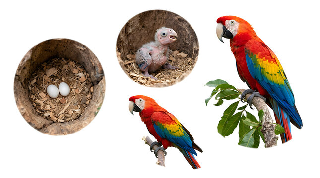 The life cycle of a macaw, from eggs in a nest to a fledgling and adult birds perched on branches