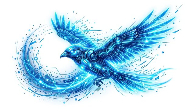 Futuristic mechanical crow bird flying with bright blue neon energy light