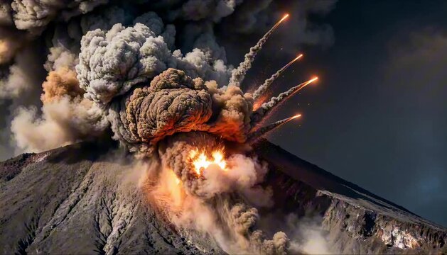 ash cloud cascading down volcanic ridge with grey and brown tones