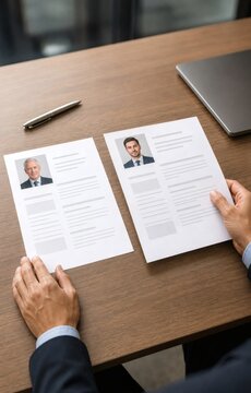 Overhead view of a person comparing two resume-style profiles on a desk, illustrating recruitment, applicant screening, talent selection and workplace paperwork.