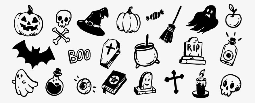 Hand drawn Halloween doodle collection featuring pumpkins, skulls, ghosts, bats, witch hat, broom, potion bottles, coffin, tombstones and spooky objects.