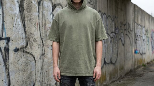 Man wearing a green hoodie standing in front of a graffiti-covered wall.