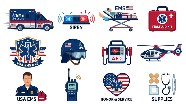USA emergency medical services vector icon set with patriotic theme featuring ambulance, rescue helicopter, and first aid supplies.