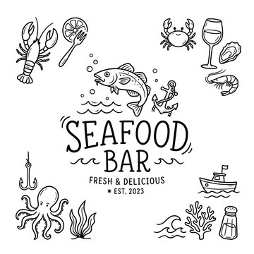 Seafood bar branding kit with ocean animal doodles.
