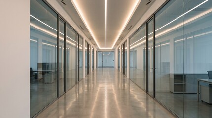 Fototapeta premium Modern minimalist office corridor with glass partitions and bright recessed ceiling lighting
