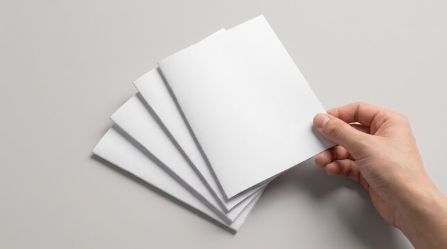 Hand holding fan of blank white folded brochure booklet leaflets mockup on grey background