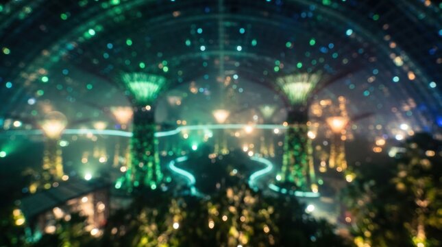 Magical Botanical City Under Glass Dome at Night with Glowing Supertrees and Starry Lights