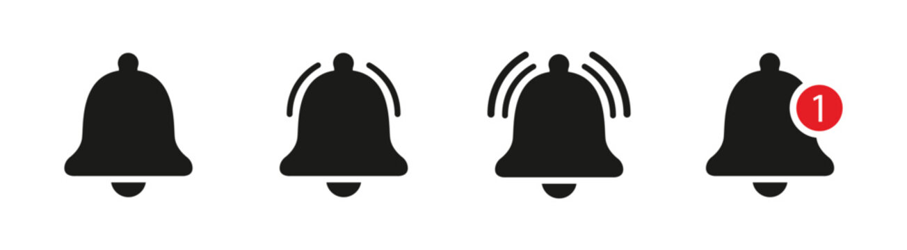 A comprehensive icon set depicting a bell in various states of ringing silence vibration and