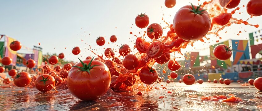 Fresh red tomatoes splashing and exploding in a dynamic liquid spray on a ground surface, with a festive outdoor fairground background, under bright sunlight