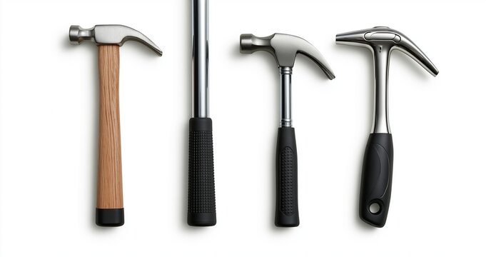 Four hammers with different handles and heads arranged