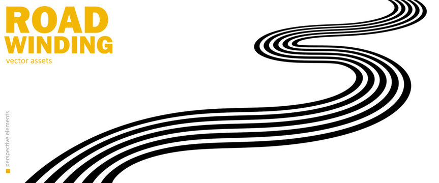 Dynamic abstract vector road made of five parallel black stripes following a winding curve toward the horizon, isolated on white with a minimal graphic style.