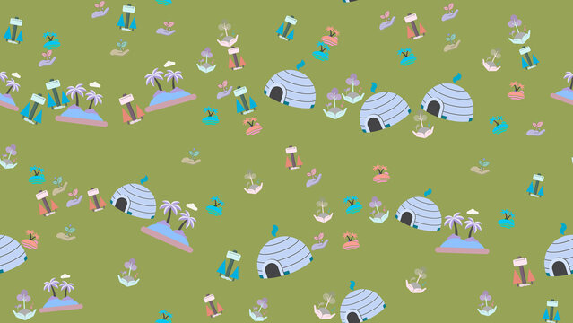 Cartoon elements pattern on green background
