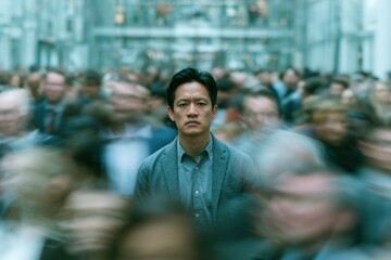 Fototapeta premium Southeast asian man in business attire standing alone in crowded urban setting with blurred faces around him