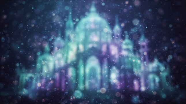 Mystical underwater palace illuminated by shimmering bokeh lights and ethereal particles, fantasy architecture