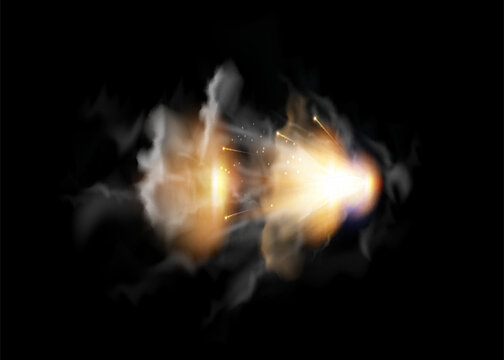 Gun flashes with smoke and fire sparkles. Pistol shots clouds, muzzle shotgun explosion. Blast motion, weapon bullets trails isolated on black background.
