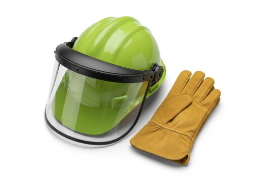 Green safety hard hat with clear visor and work glove