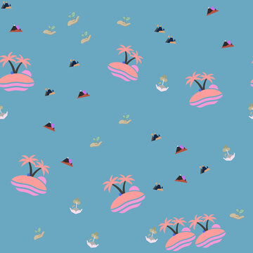 Stylized island and nature elements seamless pattern