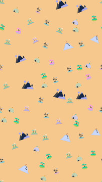 Stylized island pattern with palm trees and mountains