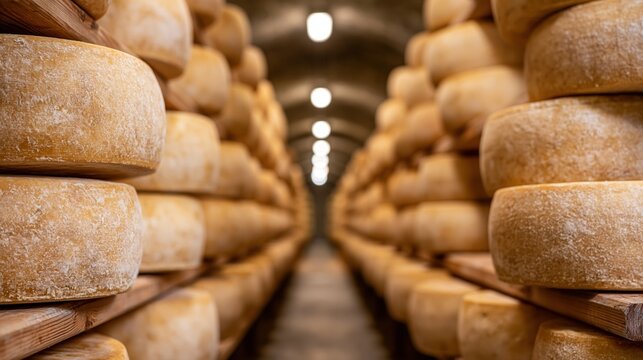 rows of aging cheese wheels in dim cellar