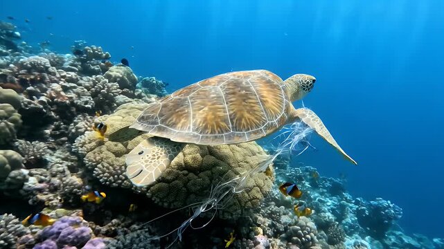 Entangled Sea Turtle and Coral Reef - A sea turtle swims through clear ocean waters, its flipper entangled in translucent fishing line.