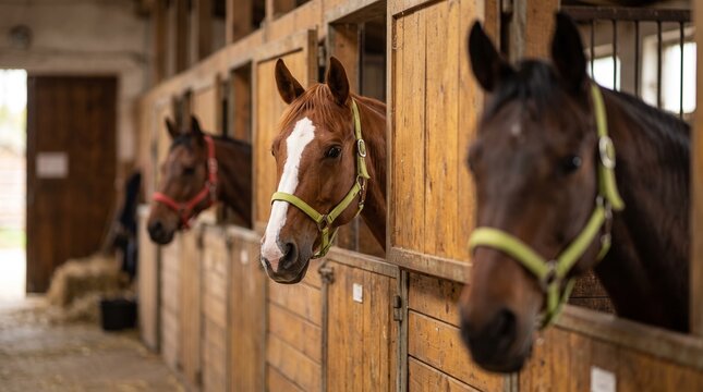 Three horses peeking from wooden stable stalls inside a clean and bright rustic equestrian barn