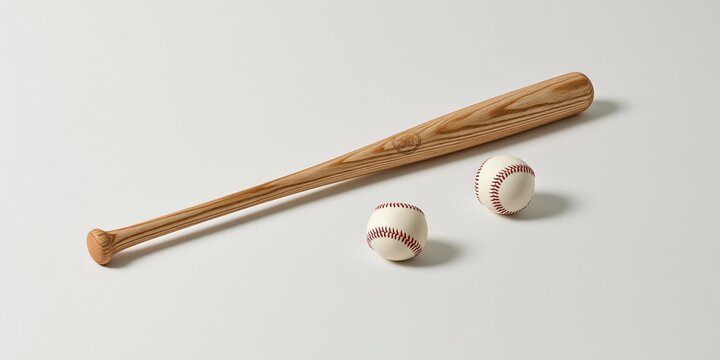 Wooden baseball bat with two balls on white