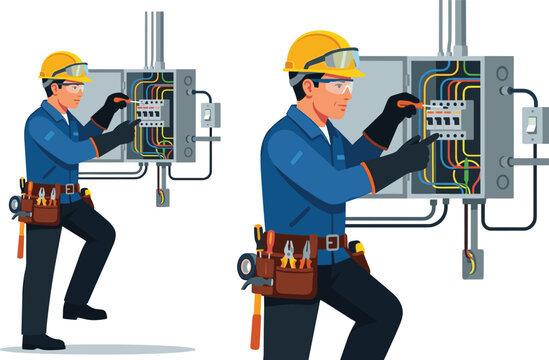 Male electrician working on electrical circuit breaker box wearing safety gear and tool belt vector illustration