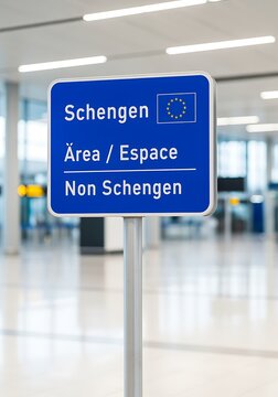 Schengen Area Border Control Sign in Modern Airport Terminal