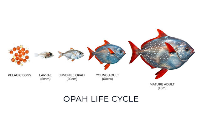 Opah fish life cycle diagram showing stages from eggs to mature adult