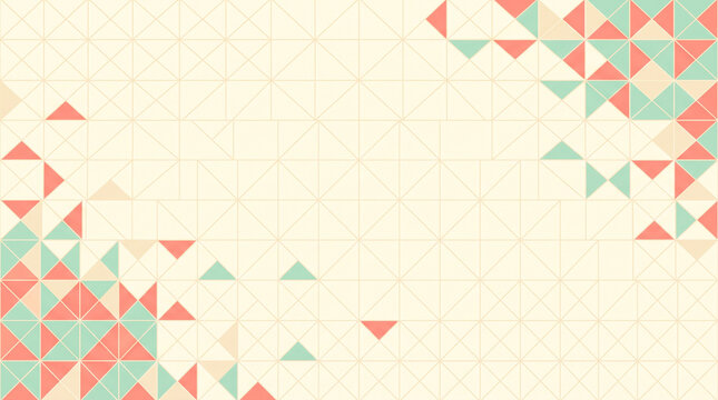 Geometric abstract background displays colorful corner triangles arranged over a pale cream grid wireframe layout.