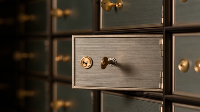 Open metal safe deposit box with key inserted