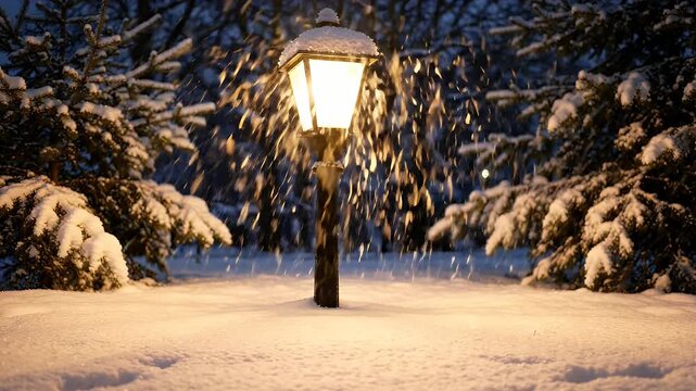 Snowfall Under Glowing Street Lamp - A vintage street lamp illuminates a snowy winter night as snowflakes fall, surrounded by snow-covered pine trees.