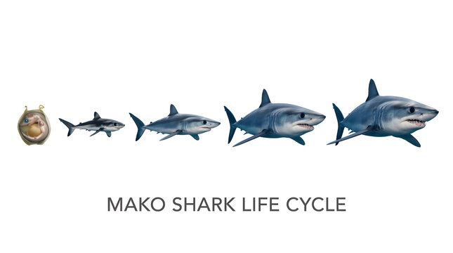 Mako shark life cycle illustration, showing the progression from larva to adult