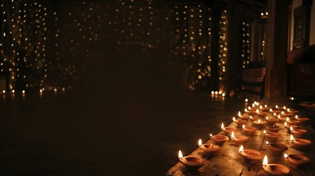 Many small oil lamps burning in a dark temple creating a peaceful and spiritual atmosphere