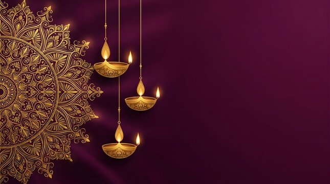 Diwali festival background with hanging golden oil lamps and mandala