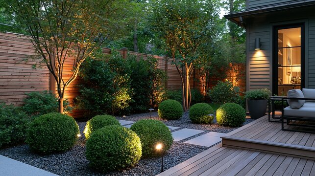 Modern backyard garden with illuminated shrubs and wooden