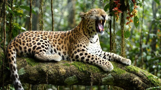 Sunda Clouded Leopard Yawning on Mossy Tree Branch - A Sunda clouded leopard rests on a moss-covered tree limb within a vibrant Sumatran rainforest.