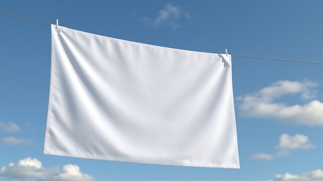 White laundry sheet hanging on clothesline against blue