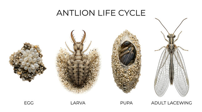 Antlion life cycle illustration showing egg, larva, pupa, and adult lacewing